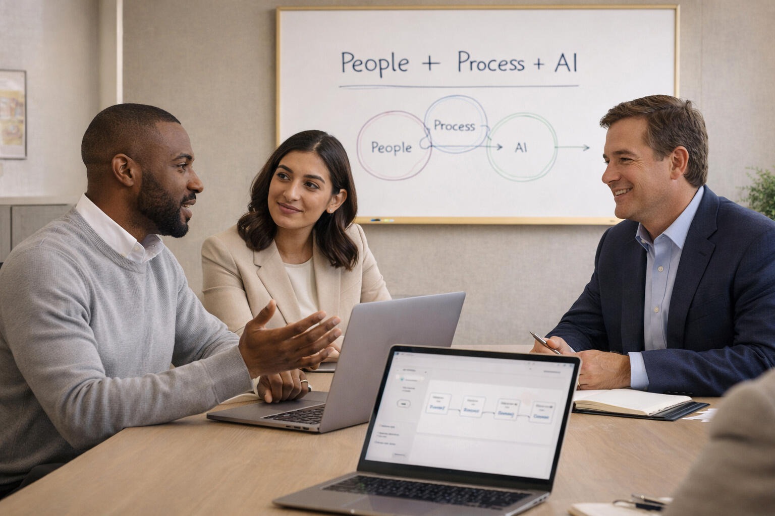 Human-Centered Implementation | Responsible AI Integration Professional image illustrating human-centered AI integration within small business operations. The visual supports the concept that artificial intelligence is implemented to assist people and improve workflows, not replace professional judgment or client