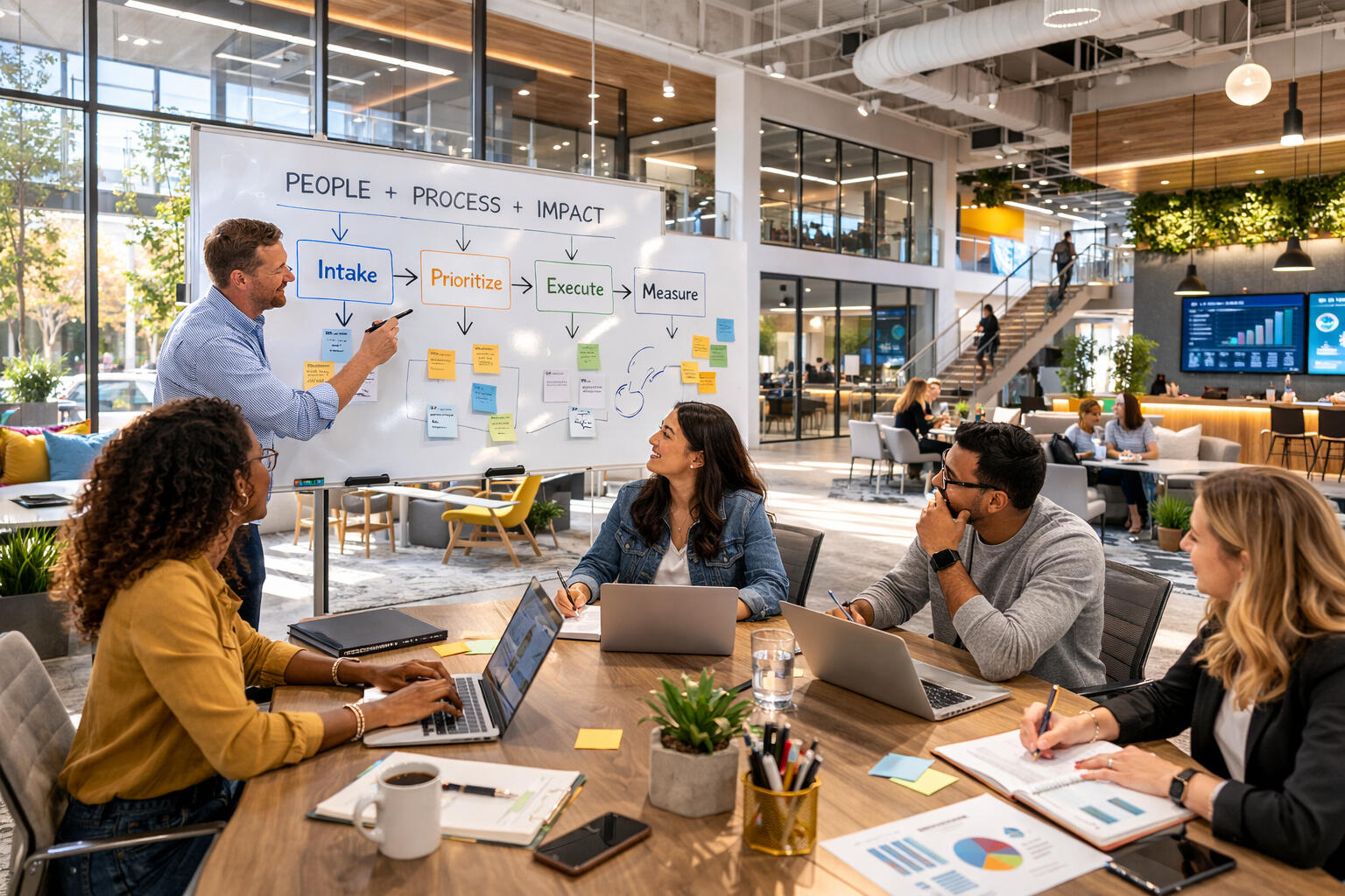 Professional consulting image representing workflow based AI implementation for small businesses. The visual supports the concept that solutions are designed around real operational processes such as intake, communication, review, approval, and delivery, r