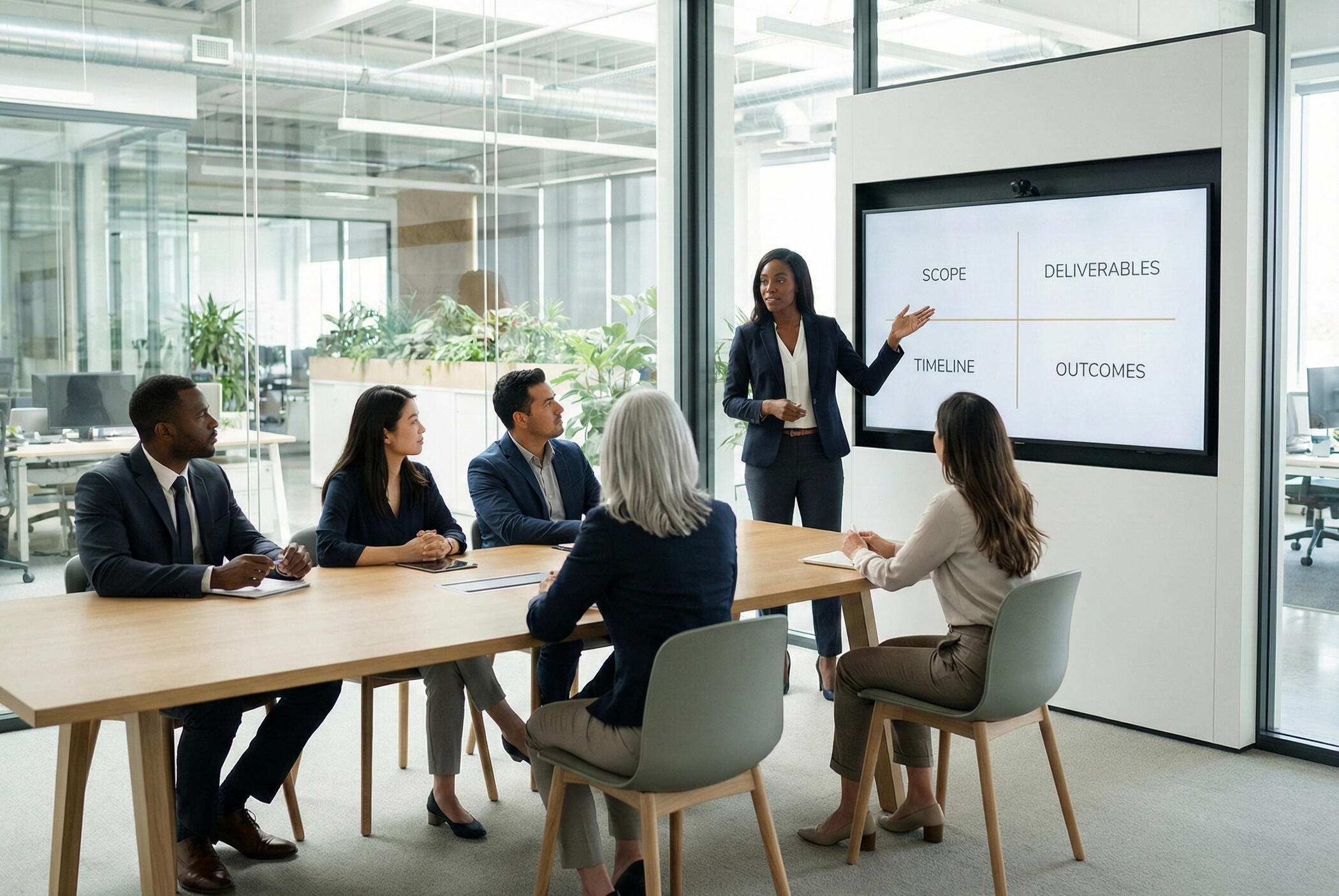 Professional consulting image representing structured AI project planning and defined implementation scope for small businesses in Anne Arundel County, Maryland. The visual supports clearly outlined deliverables, timelines, and expected outcomes. Emphasize